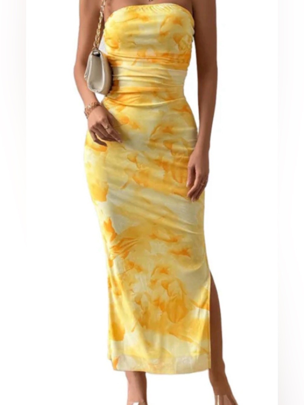 Yellow Marble Maxi Dress with Side Slit